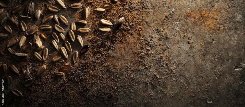 Aufkleber Sunflower seeds scattered on a textured wooden surface with rustic background and unseen copy space for text placement