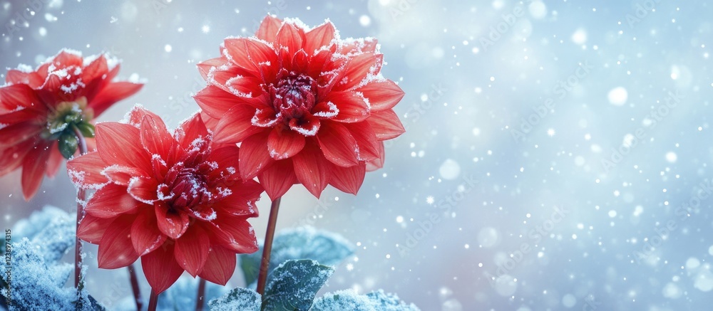 Poster red flowers covered in snow against a soft blue background with falling snowflakes and blurred winte