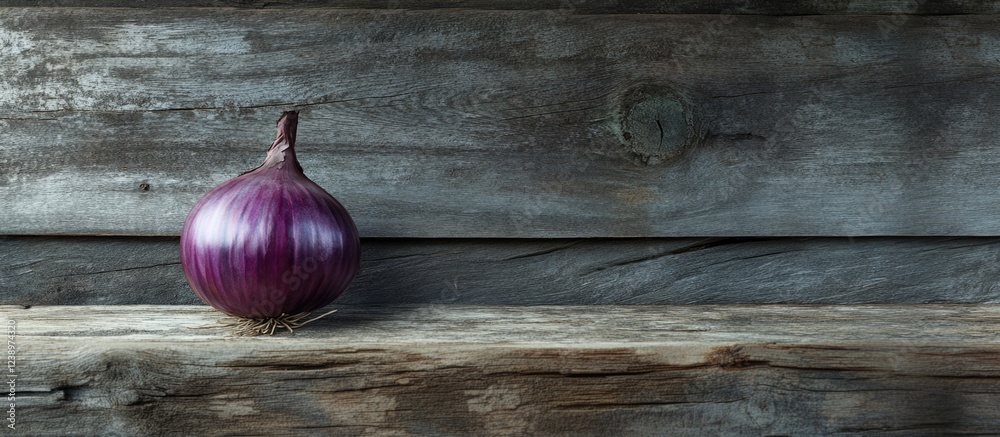 Poster Fresh red onion on rustic wooden shelf with textured background and ample copy space for text placement