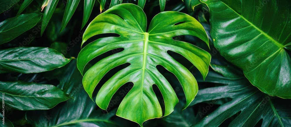 Poster monstera leaf among tropical green foliage with a focus on the leaf texture and pattern copy space