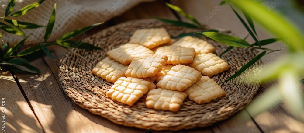 Poster Plate of rectangular butter cookies arranged in a decorative manner on a woven mat surrounded by natural green elements with Copy Space