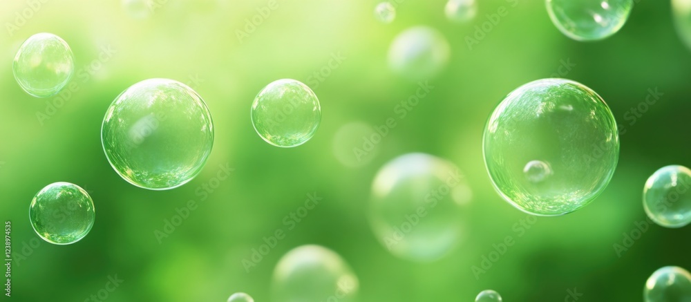 Aufkleber Abstract image of floating soap bubbles with a green blurred background suitable for water and nature themes Copy Space