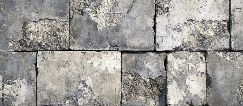 Poster Textured gray concrete wall with weathered surface and uneven stones in a horizontal arrangement, suitable for background use. Copy Space