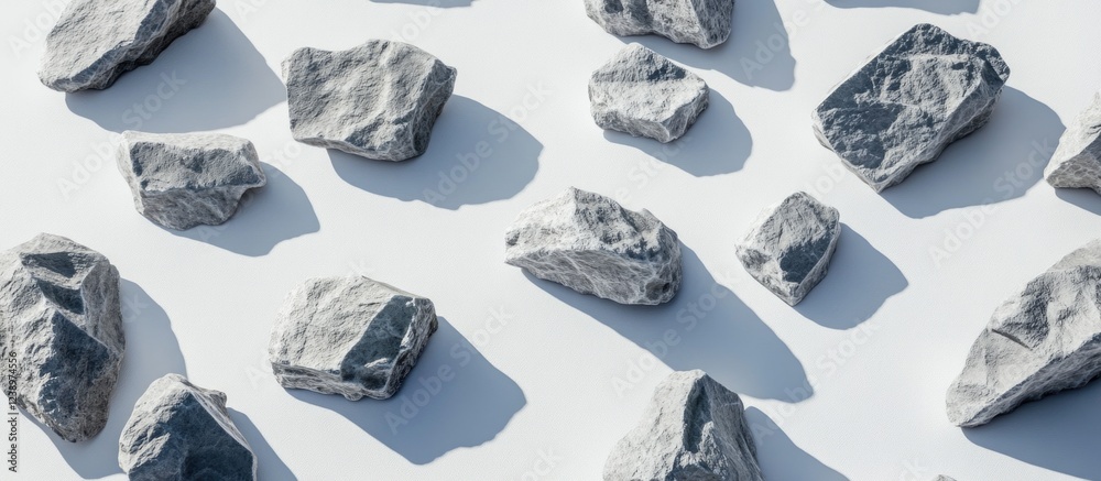 Aufkleber Scattered gray rocks on a white background creating natural textures and shadows for design applications Copy Space