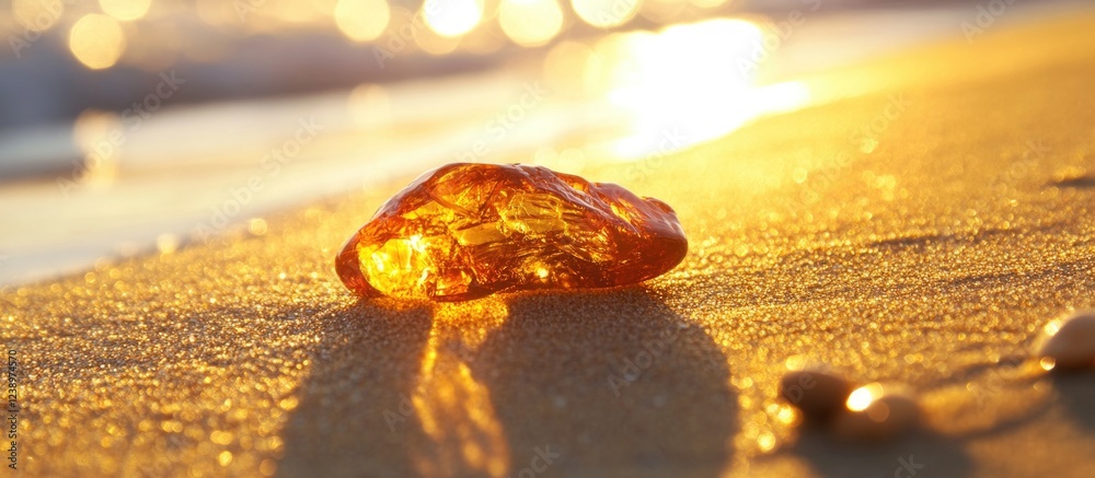 Poster amber stone on sandy beach with sunlight reflections and shallow water in background creating serene