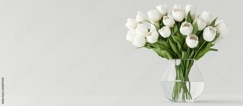Aufkleber white tulip bouquet in clear glass vase on minimalist background with ample copy space for text.