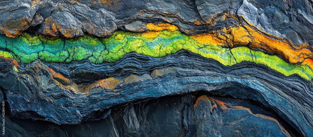 Poster colorful mineral veins in layered rock formation showcasing intricate textures and patterns, ideal f