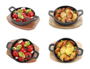 Delicious cooked vegetables in baking pan isolated on white, set