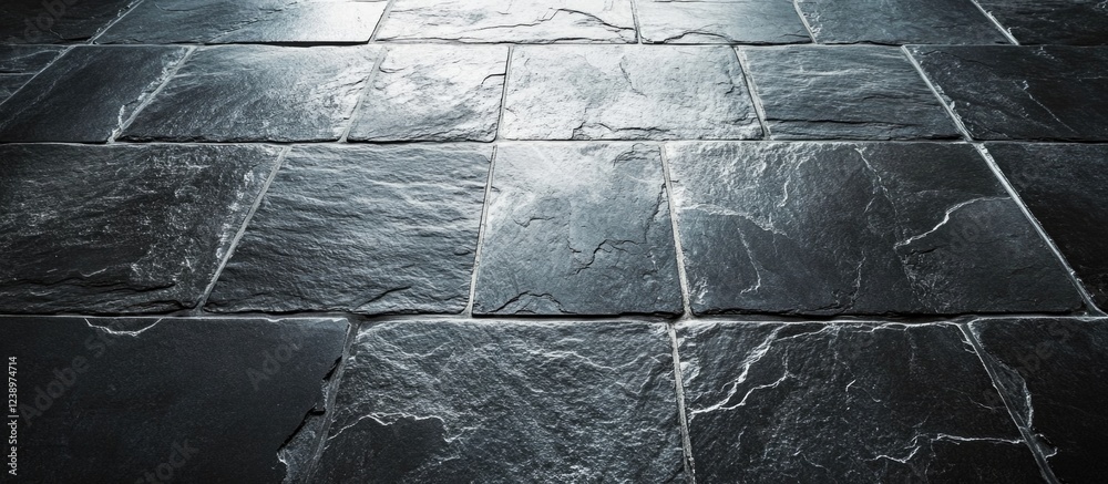 Aufkleber Textured dark stone floor tiles with reflections and natural light creating depth and contrast. Copy Space available.