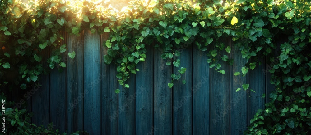 Poster lush green ivy climbing over a rustic wooden fence with sunlight filtering through leaves copy space