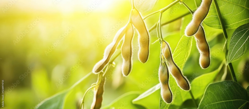 Poster green pods hanging on a branch amidst vibrant foliage illuminated by sunlight with blurred backgroun