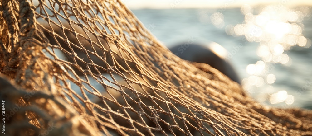 Poster fishing net close-up against a blurred ocean background with sunlight reflections and gentle waves c