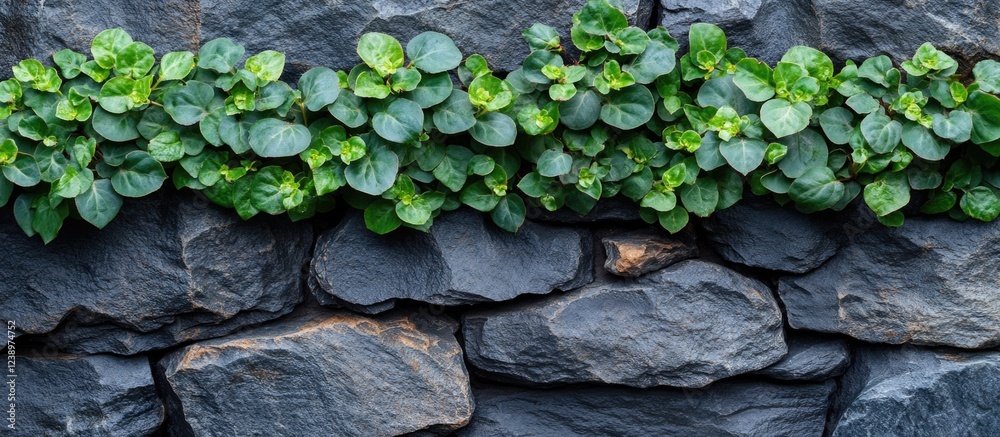 Poster lush green foliage growing on a textured dark stone wall with natural patterns and colors ideal for 