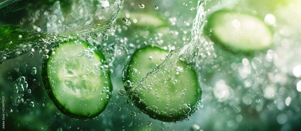 Poster Fresh cucumber slices splashing in water with bubbles and a blurred green background featuring Copy Space