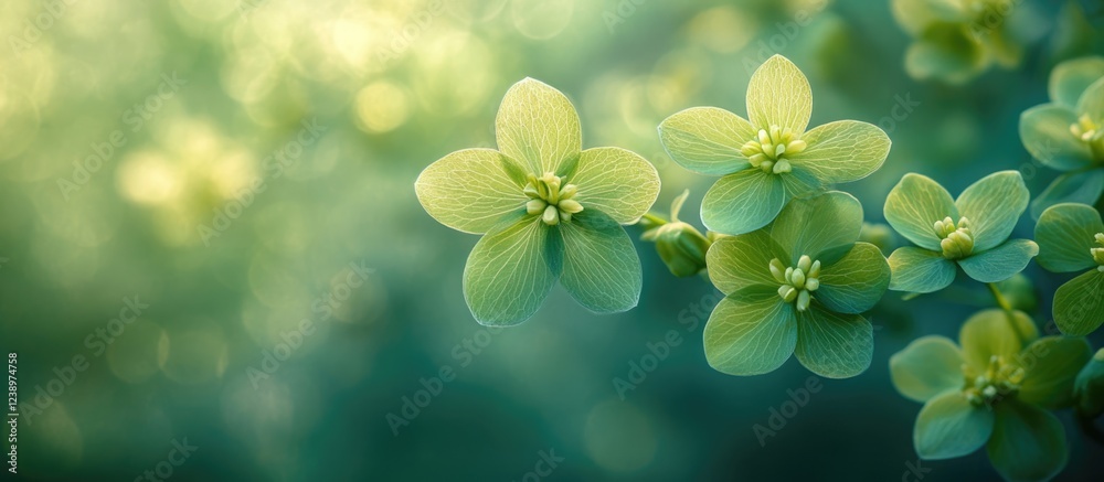 Poster Delicate green flowers with soft petals and a blurred natural background featuring bokeh effect and light gradients Copy Space