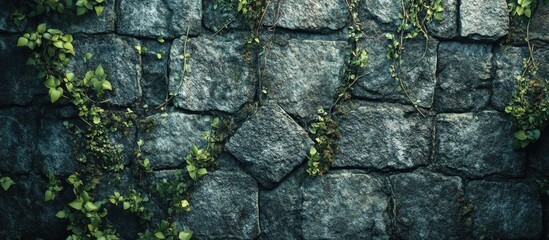 Moss covered stone wall with green vines highlighted by soft light and texture details suitable for background or surface design Copy Space