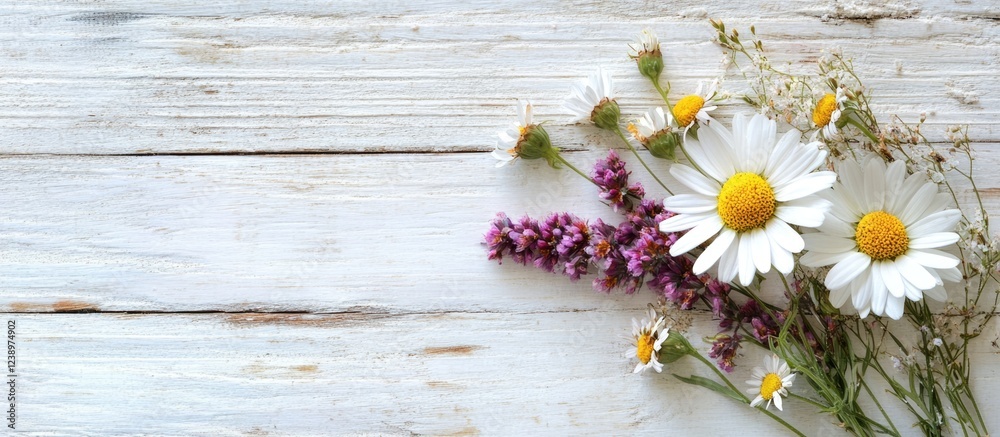 Poster fresh wildflowers arranged on rustic white wooden background with copy space for text