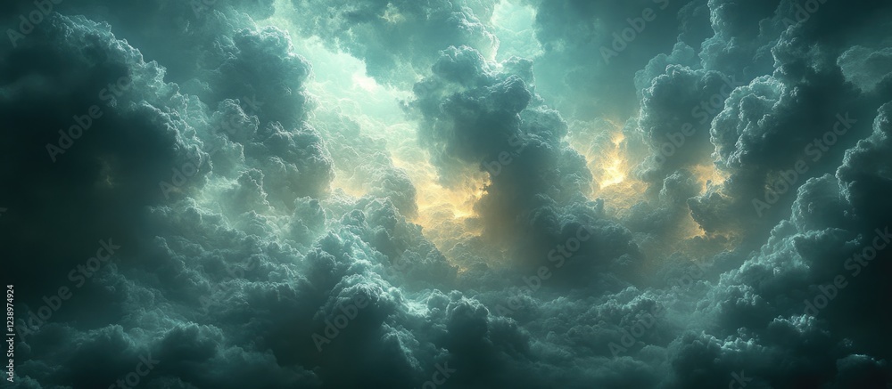 Poster Dramatic clouds with intricate textures and varying shades of gray and blue creating a moody sky atmosphere Copy Space