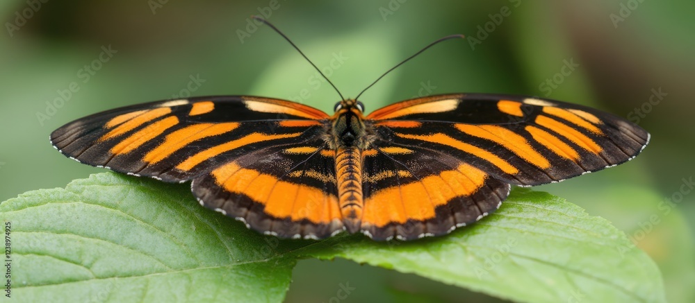Poster orange and black butterfly perched on a green leaf with intricate patterns and wings fully spread, c