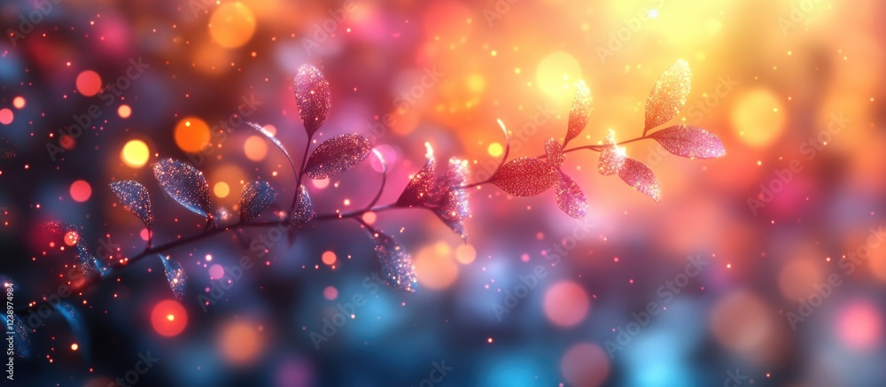 Poster Colorful bokeh background with glowing leaves and sparkling lights in a dreamy, abstract composition suitable for various design purposes