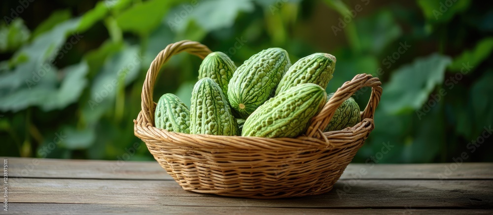 Poster fresh green bitter gourds in a wicker basket on a wooden table with blurred green foliage background