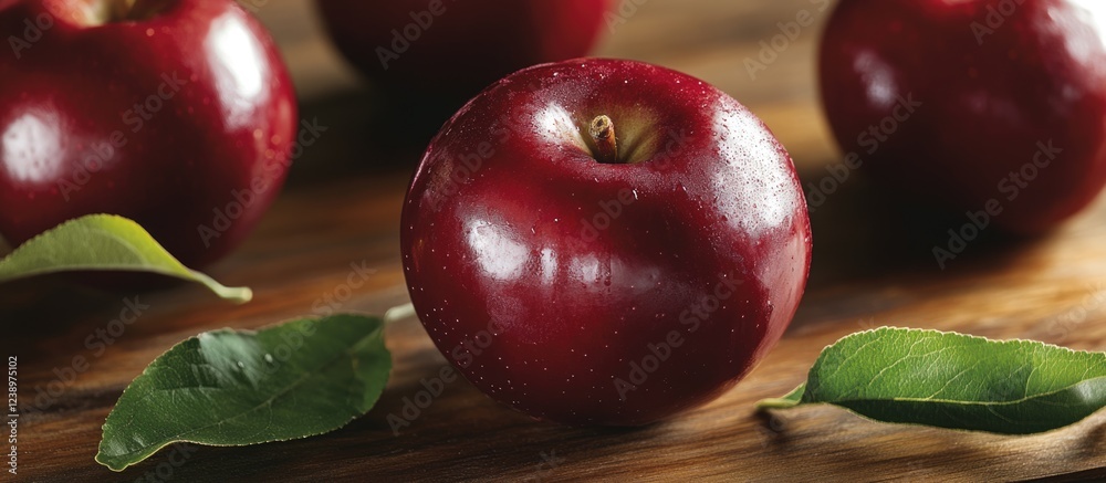 Poster fresh red apples on wooden surface with green leaves, selective focus, with copy space for text or d