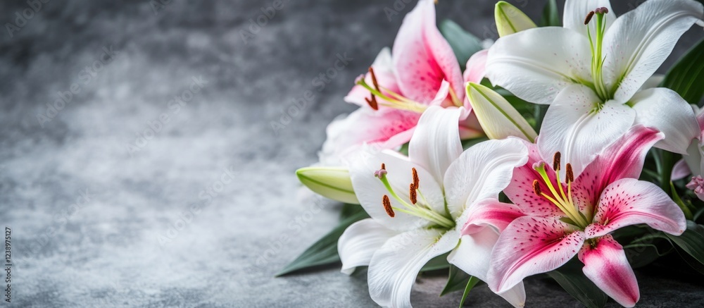 Poster Bouquet of white and pink lilies on a textured gray background with soft lighting and ample Copy Space for text insertion