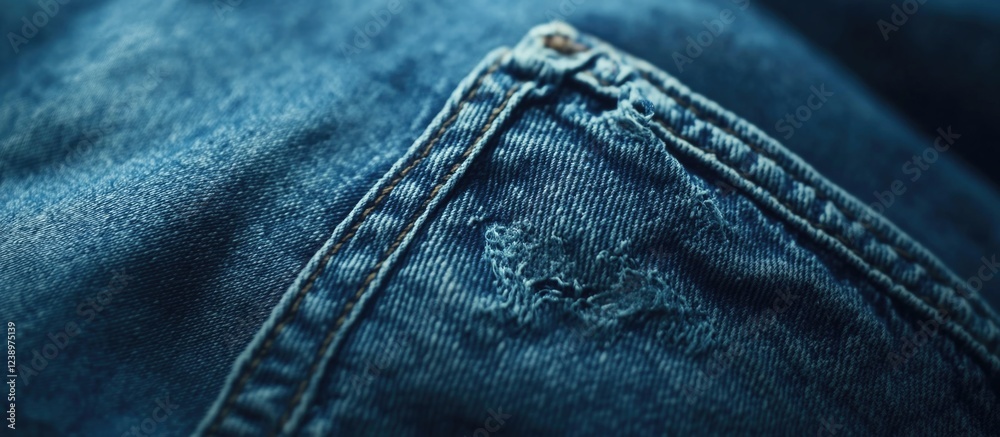 Poster close-up of worn blue denim fabric showing pocket stitching and distressed detail with textured fibe