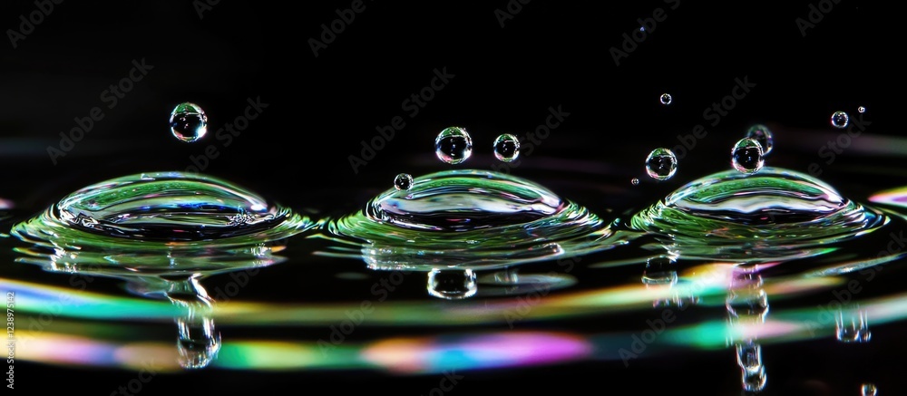 Aufkleber close-up of water droplets on a surface with colorful reflections and black background copy space