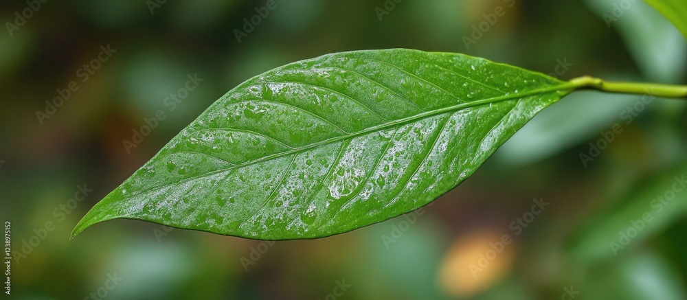 Aufkleber close-up of green leaf with water droplets on surface against blurred natural background suitable fo