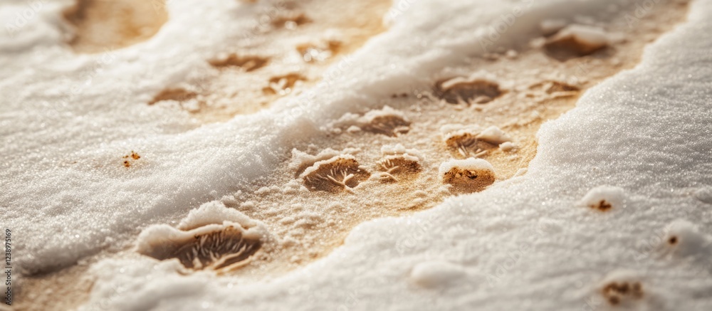 Poster Detailed close-up of snow scattered on a wooden surface showing unique patterns and textures, Copy Space