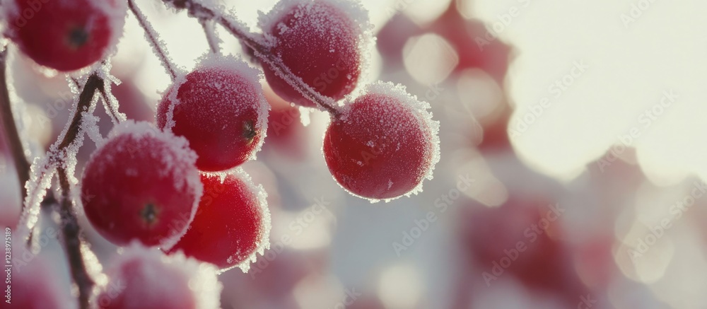 Aufkleber Frost-covered red berries on branches illuminated by soft natural light blurred background with copy space