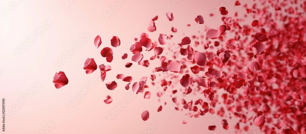 Aufkleber Red rose petals scattered on a soft pink background creating a dynamic visual effect with ample Copy Space for text placement