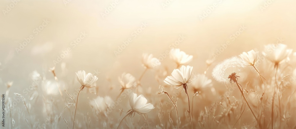 Poster delicate white flowers in soft focus against a light background with gentle tones and dreamy atmosph
