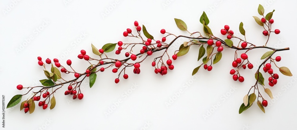 Poster red berry branch with green leaves on white background, horizontal layout, copy space available for 