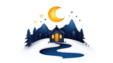 Obraz premium Cozy winter cabin in snow-covered landscape with mountains and a glowing moon at night