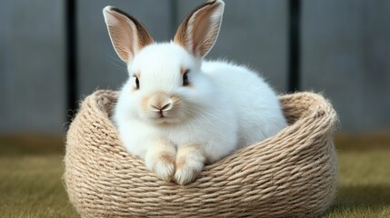 A fluffy white bunny resting comfortably in a woven nest, exuding innocence and charm, perfect for springtime and Easter themes.