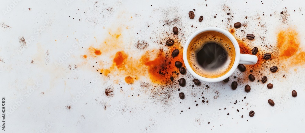 Poster Coffee cup with espresso surrounded by coffee beans and scattered coffee grounds on white background with color splashes Copy Space