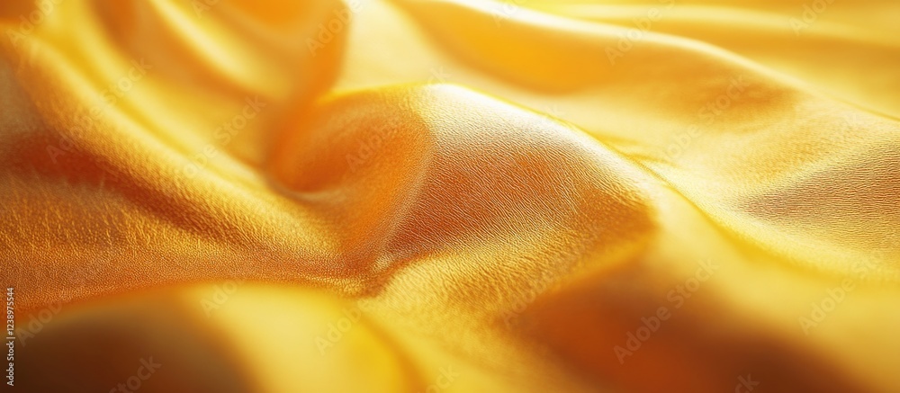 Poster close-up of smooth golden silk fabric with soft folds and textures illuminated by natural light copy