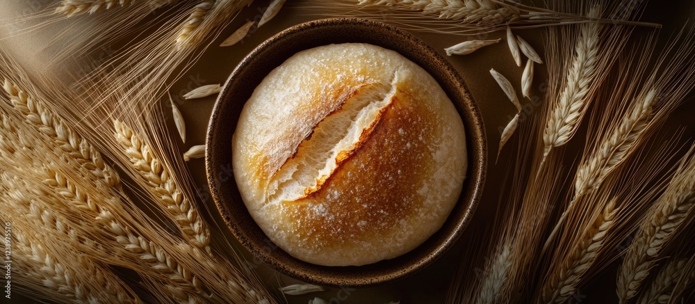 Poster artisan bread in a rustic bowl surrounded by wheat stalks on a dark background copy space