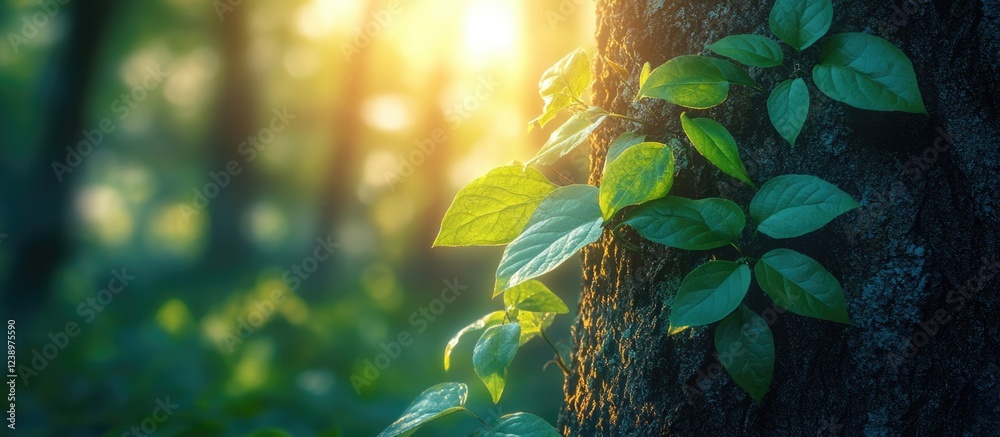 Poster Lush green leaves climbing a textured tree trunk with soft sunlight filtering through a forest background Copy Space