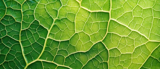 Close-up view of green leaf texture with intricate vein patterns and details showing natural design Copy Space