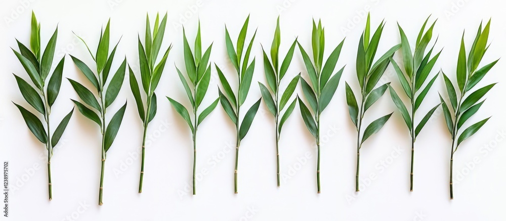 Poster Row of green leaves arranged on white background with copy space for text or graphics. Natural botanical theme for design use.