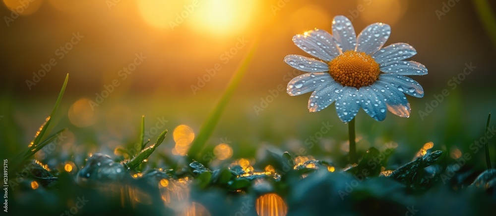Poster daisy flower with water droplets on petals in grass during golden hour sunlight with bokeh effect an