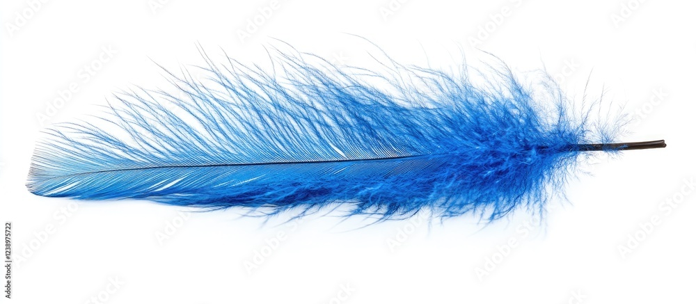 Poster blue feather with soft, fluffy texture on white background copy space
