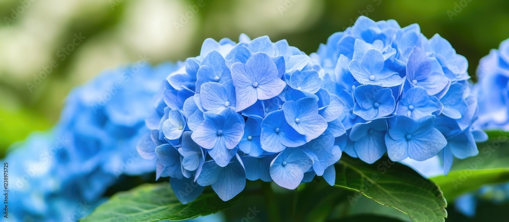 Poster blue hydrangea flowers in full bloom surrounded by lush green leaves with soft focus background and 