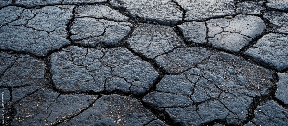 Poster cracked asphalt pavement texture with visible fissures and rough surface detail ideal for background
