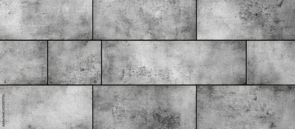 Poster Concrete wall texture with rectangular bricks in gray shades and black grout lines suitable for backgrounds or surfaces with Copy Space.