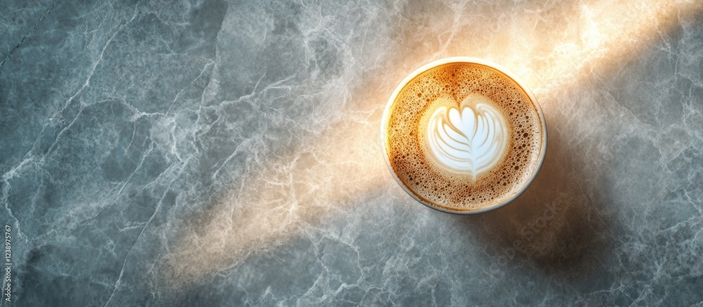 Poster coffee cup with latte art on marble surface illuminated by soft natural light copy space