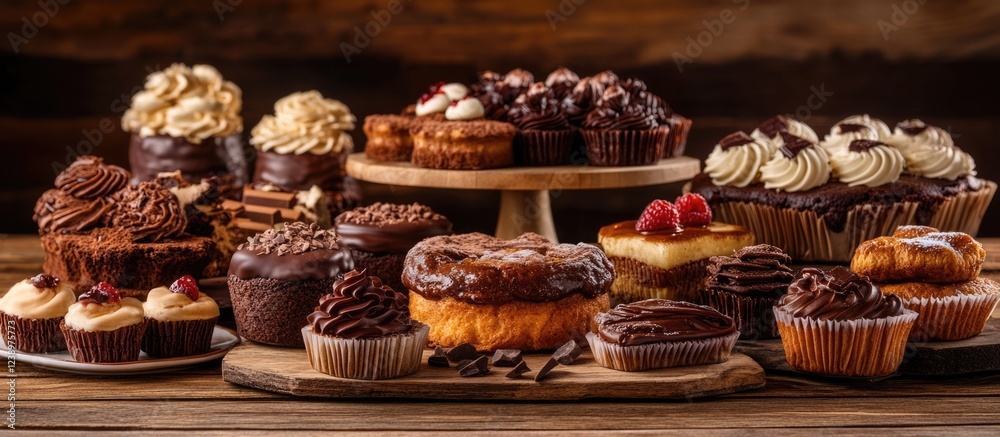 Poster assorted gourmet cupcakes and desserts on wooden table with rustic background copy space